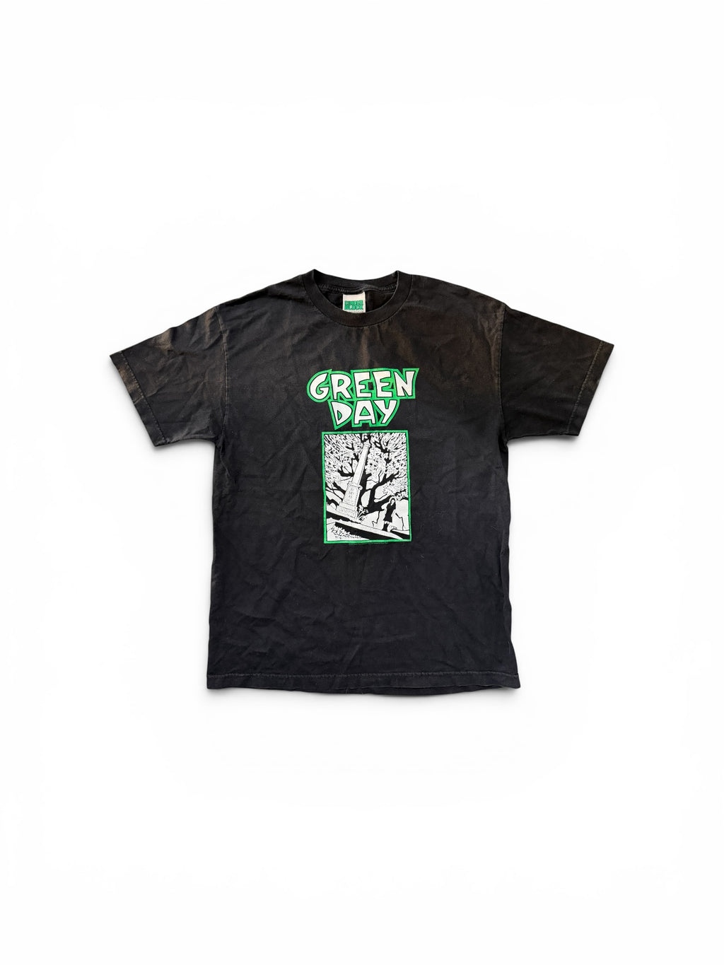 My Store black cotton crewneck t-shirt featuring a bold Green Day graphic print on the front.