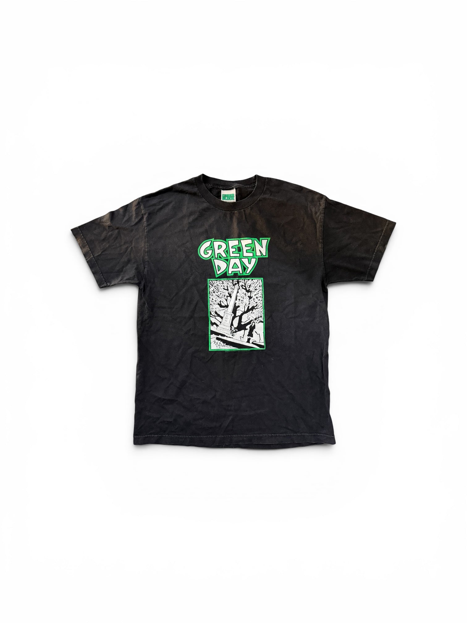 My Store black cotton crewneck t-shirt featuring a bold Green Day graphic print on the front.